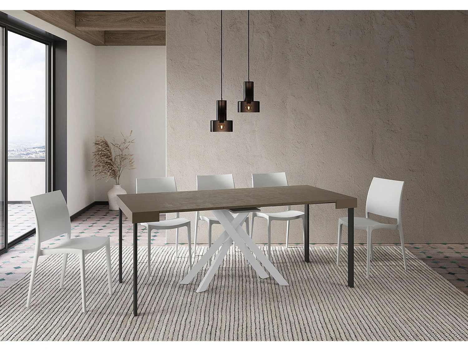 Ausziehbarer Konsolentisch 90x40/300 cm Krack Taubengrau mit weißen Füßen