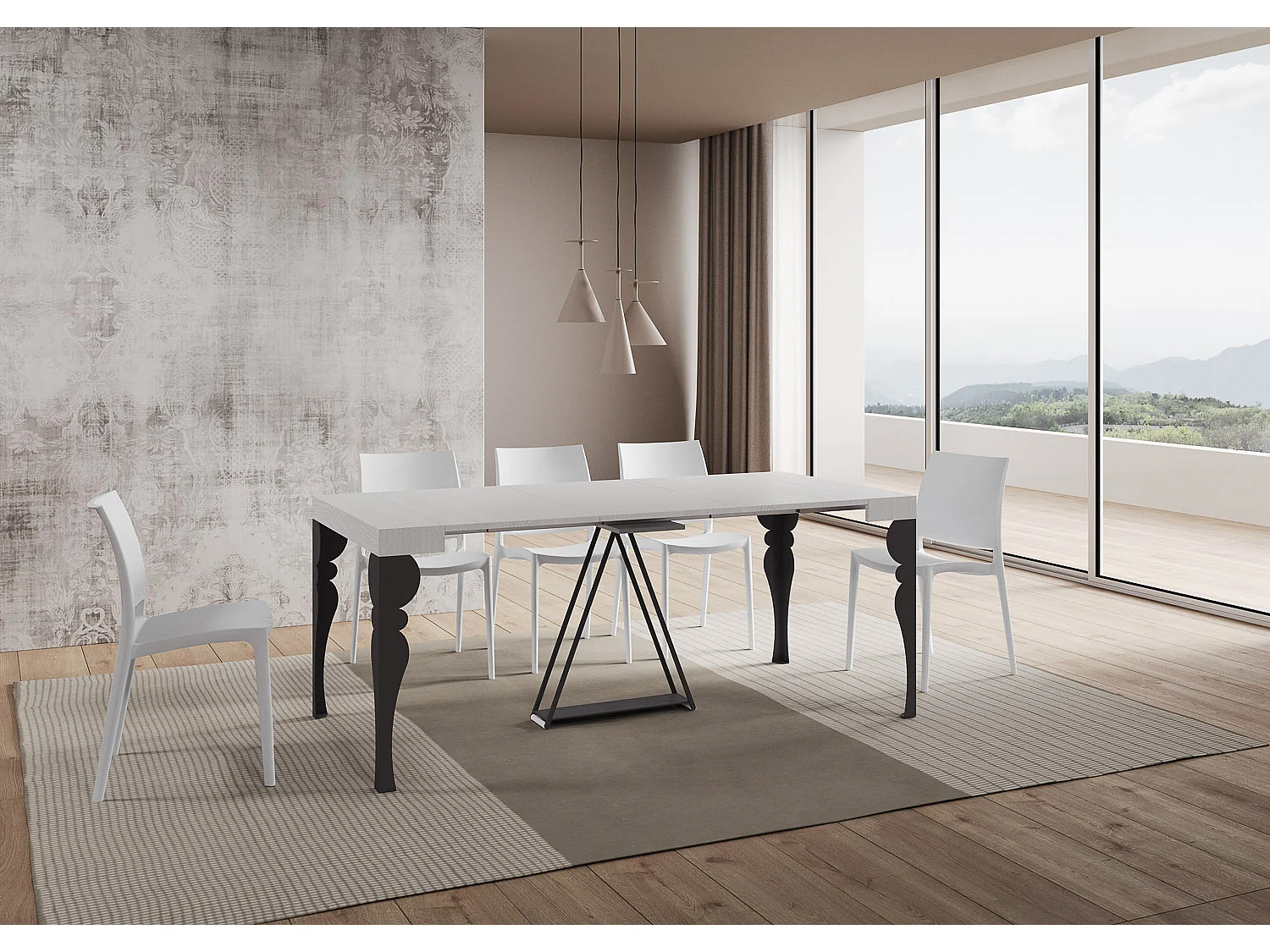 Ausziehbarer Konsolentisch 90x40/196 cm Riza Small Esche weiß mit Eisenrahmen aus Anthrazit