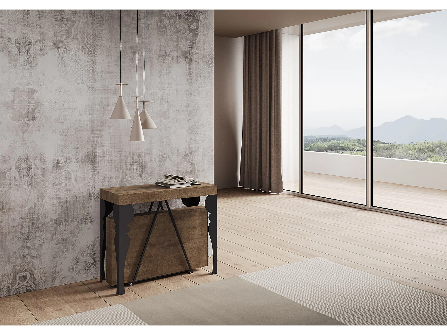 Console extensible 90x40/196 cm Riza Small noyer cadre anthracite