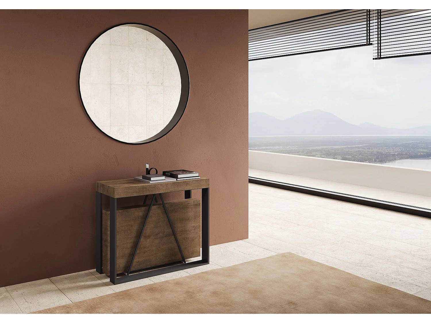 Console extensible 90x40/300cm Sketa noyer cadre anthracite