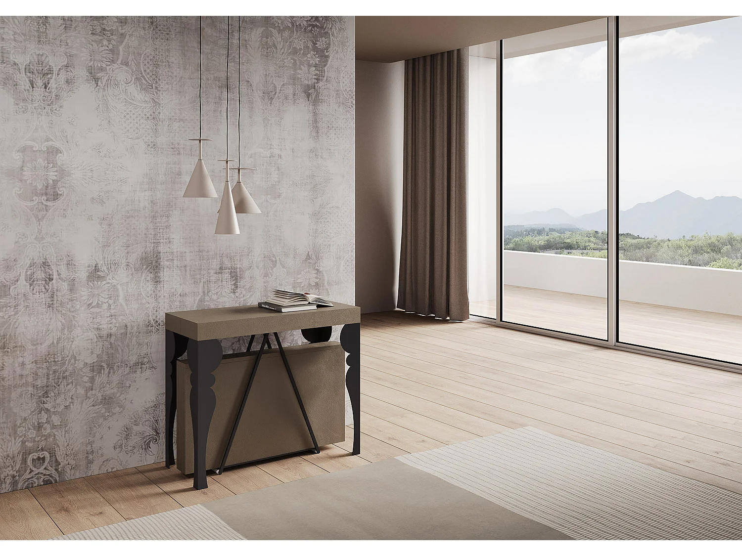 Console extensible 90x40/300 cm Riza taupe cadre anthracite