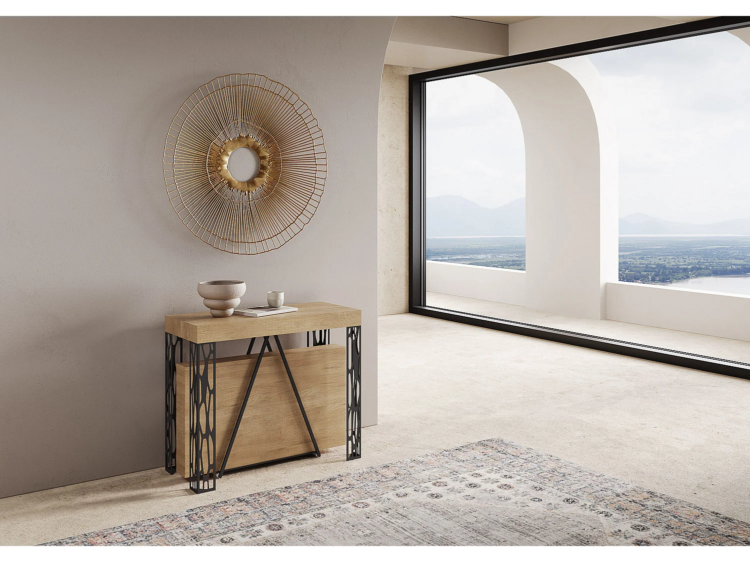 Console extensible 90x40/300 cm Kerpa chêne nature cadre anthracite