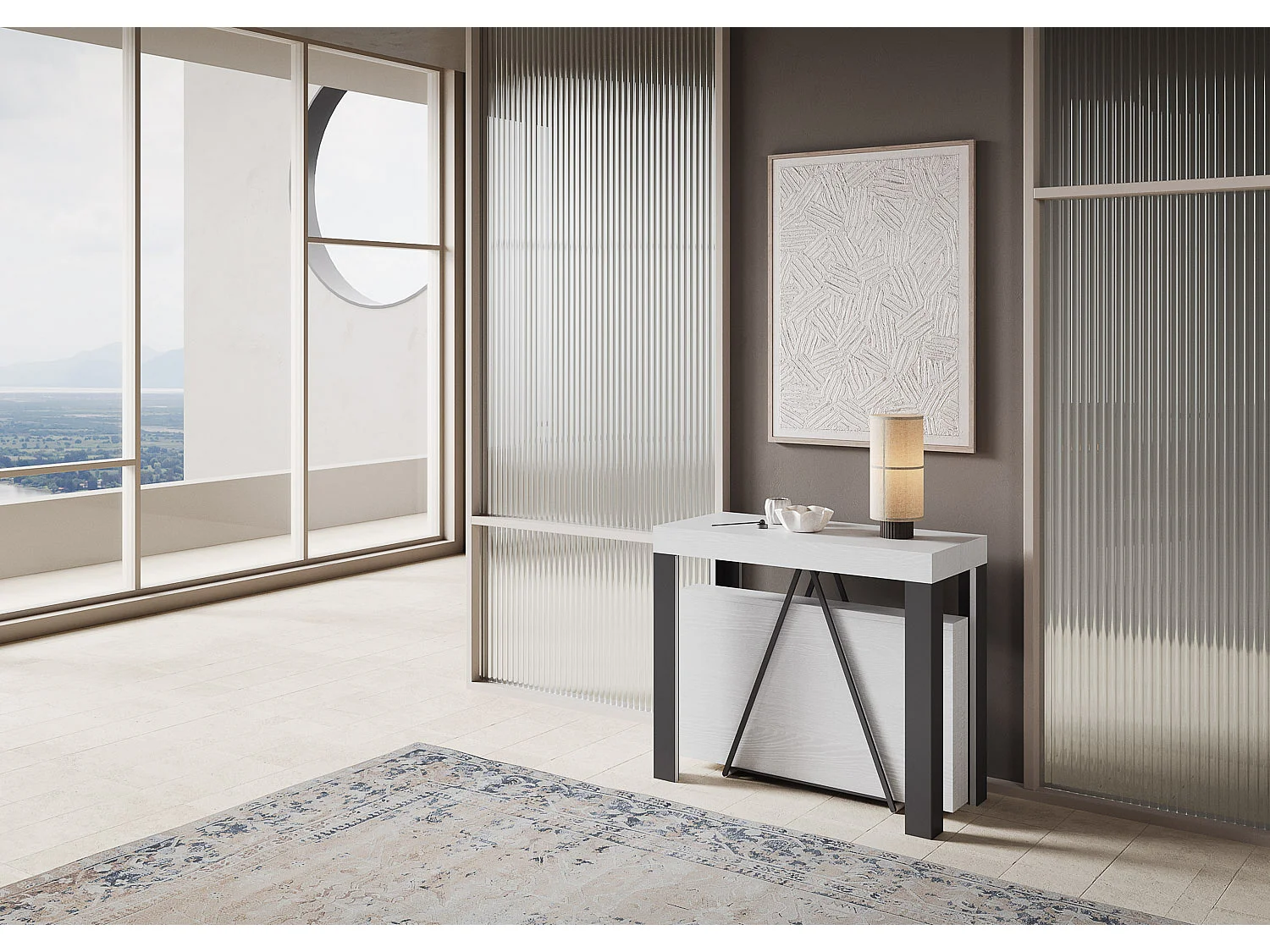 Console extensible 90x40/300 cm Tarax frêne blanc cadre anthracite