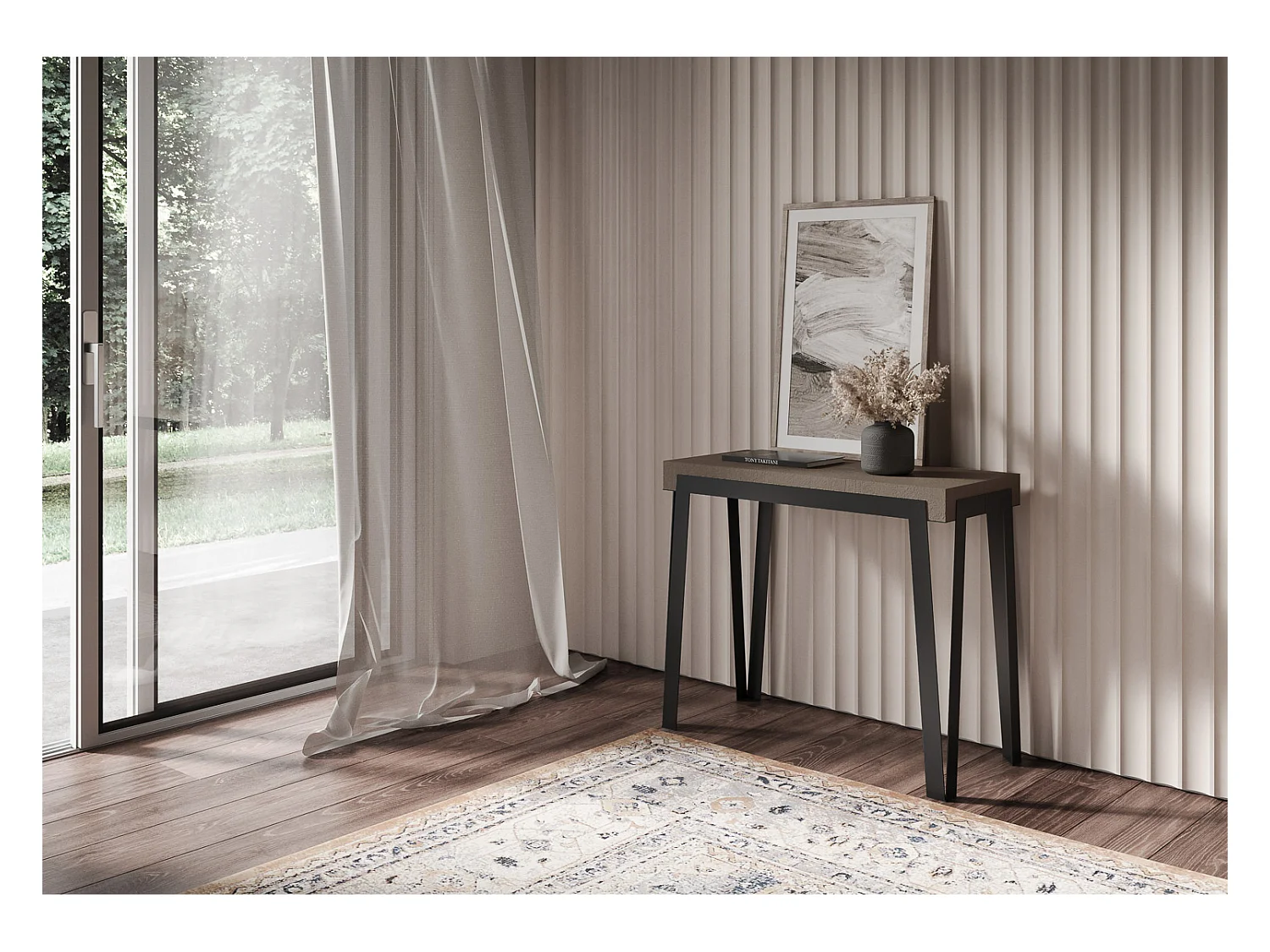 Ausziehbarer Konsolentisch 90x40/196 cm Rio Small Taubengrau mit Eisenrahmen aus Anthrazit