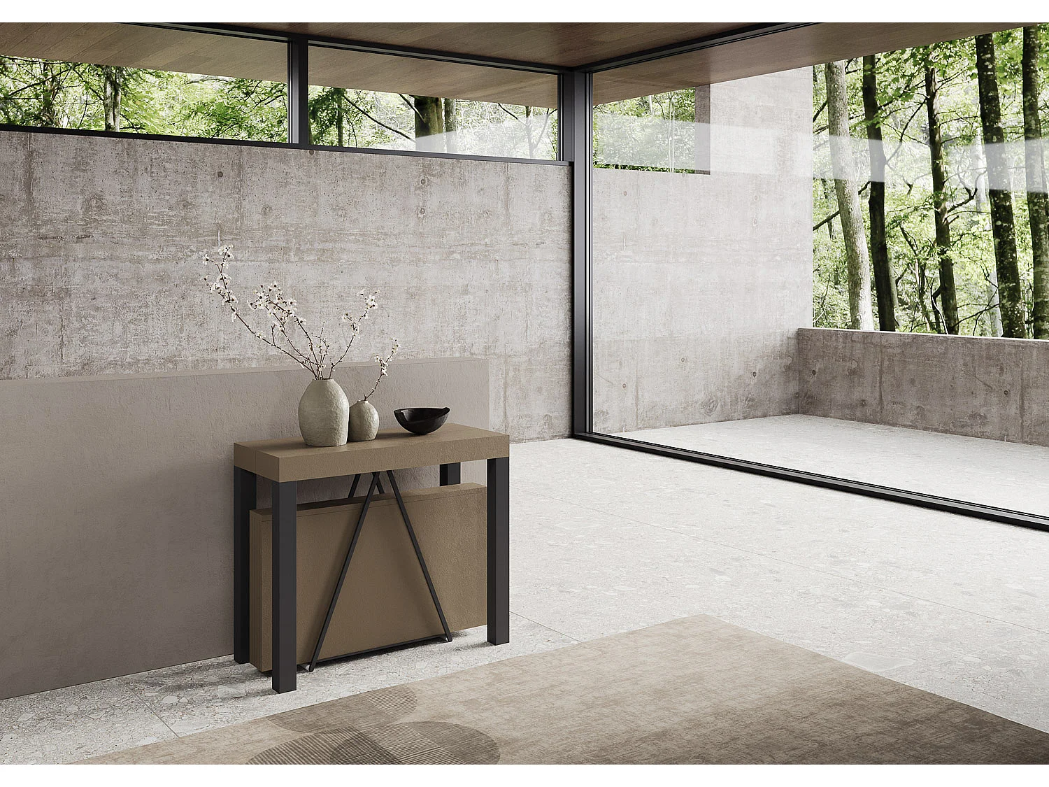 Uitschuifbare sidetable 90x40/300 cm Tiris taupe met antraciet frame