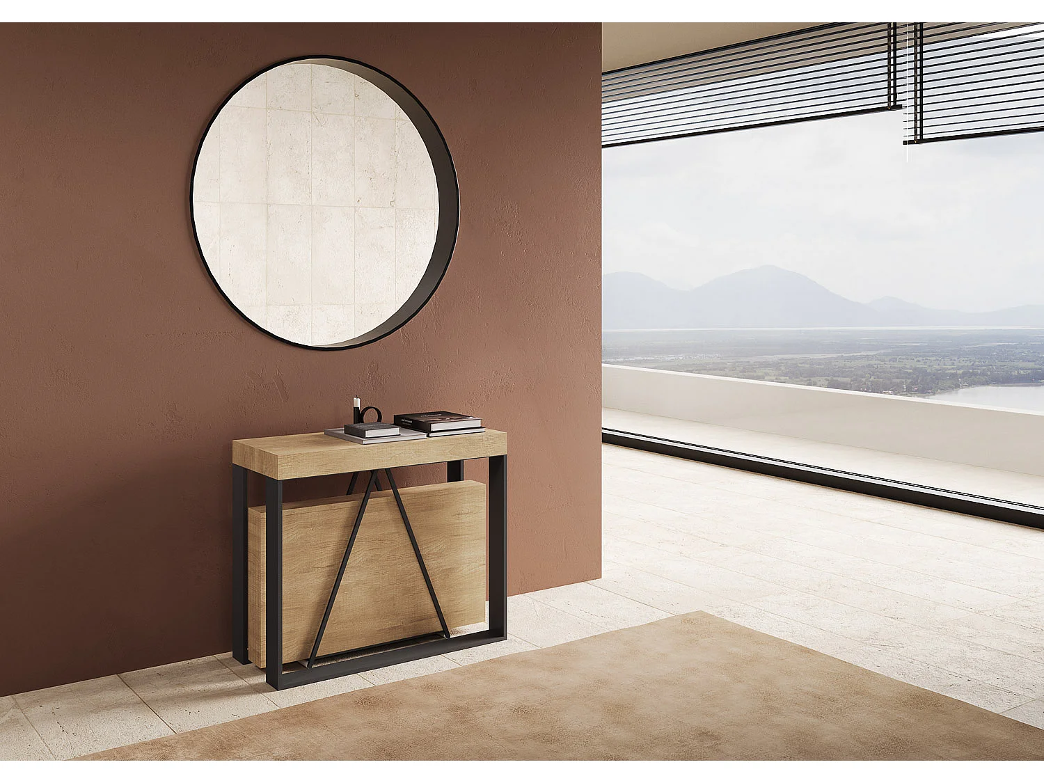 Mesa consola extensível 90x40/300cm Sketa carvalho natural quadro antracite