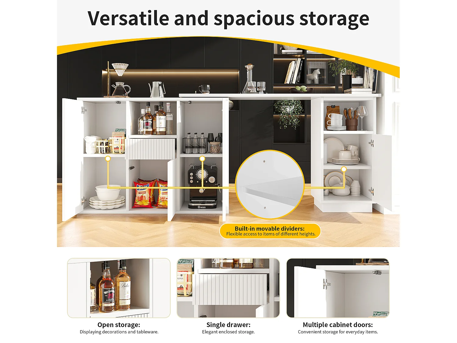 Buffet、Meuble de bar rotatif - avec rangement multifonctionnel - MDF - Blanc