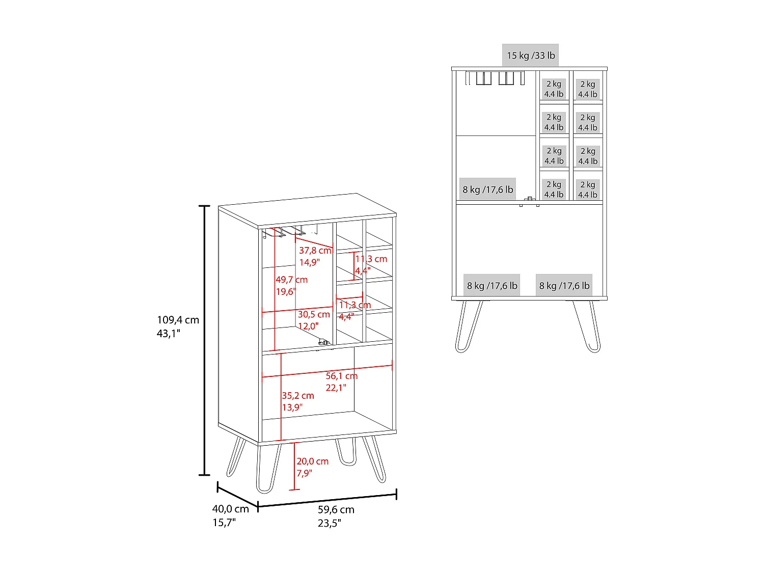 Meuble bar en mélamine aster avec 8 porte-bouteilles, 9 porte-gobelets et rangement inférieur , Blanc , 109.4 cm X 59.6 cm X 40 cm