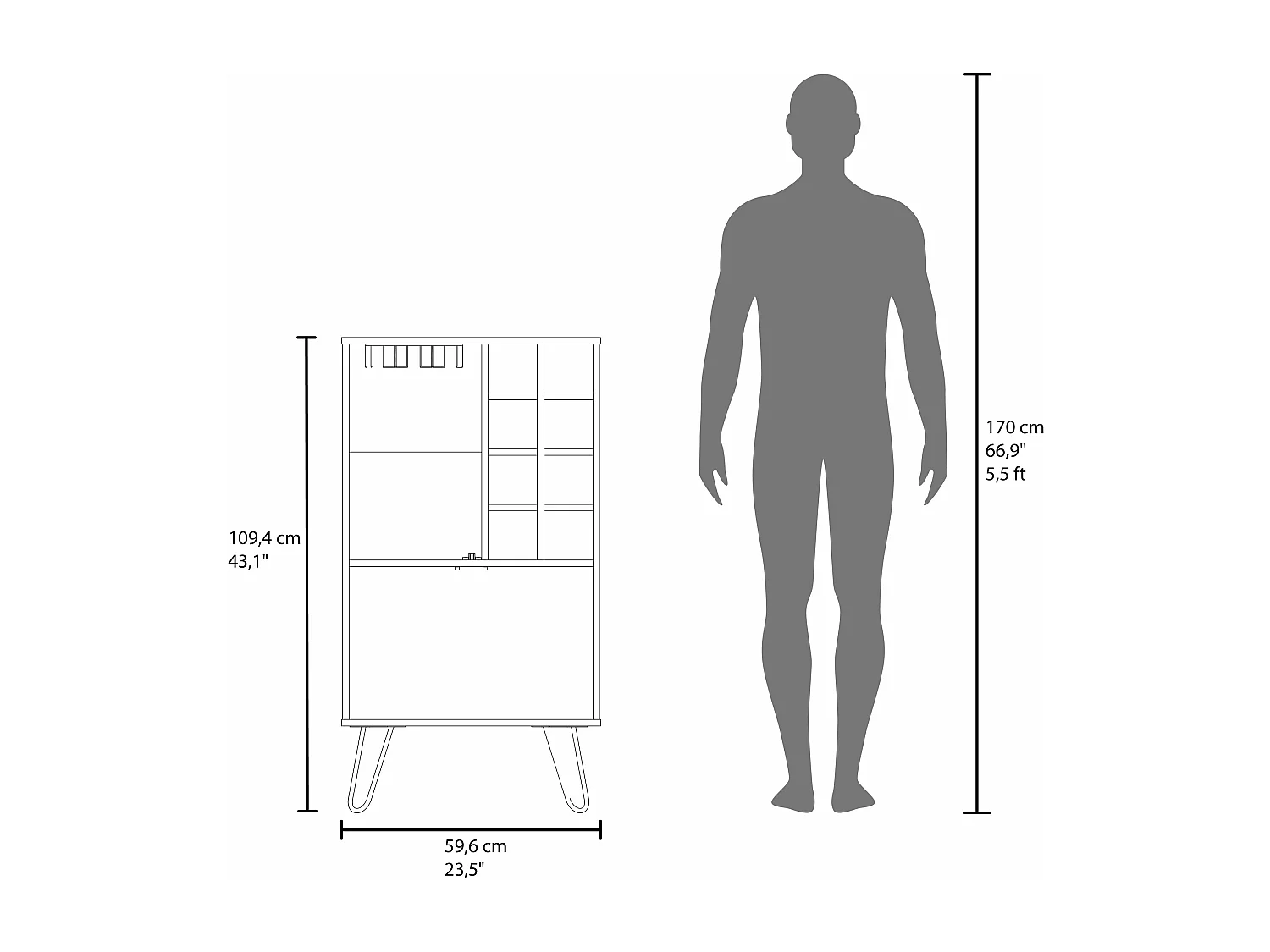 Meuble bar en mélamine aster avec 8 porte-bouteilles, 9 porte-gobelets et rangement inférieur , Blanc , 109.4 cm X 59.6 cm X 40 cm