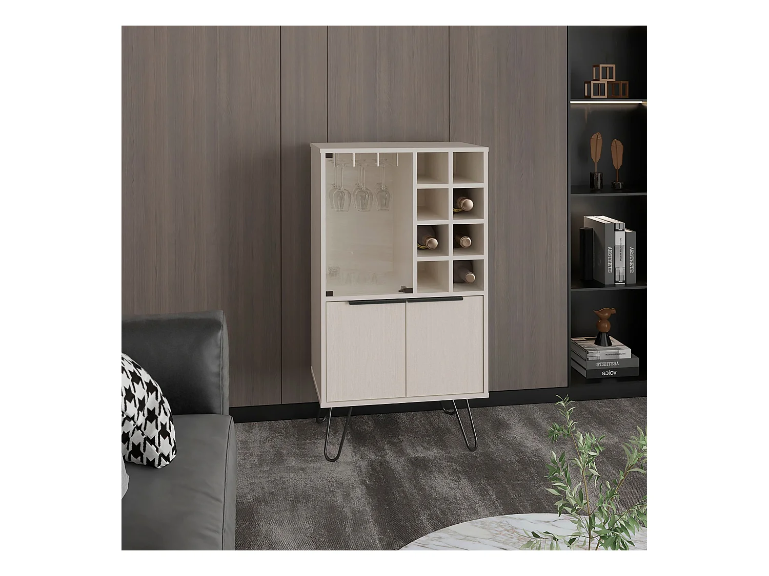 Meuble bar en mélamine aster avec 8 porte-bouteilles, 9 porte-gobelets et rangement inférieur , Blanc , 109.4 cm X 59.6 cm X 40 cm