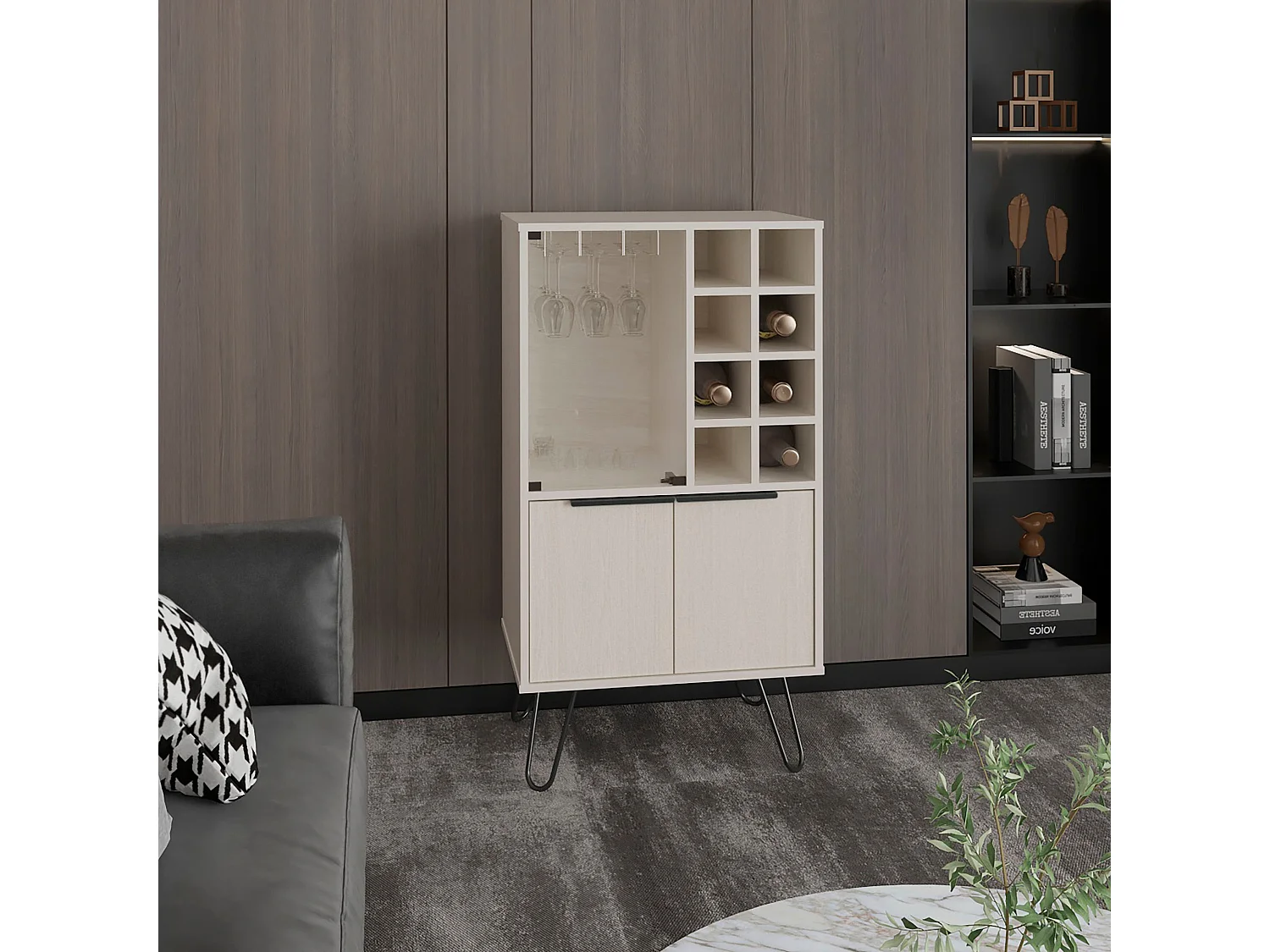 mobile bar aster in melaminico con 8 portabottiglie, 9 portabicchieri e fondo contenitore , Bianco , 109,4 cm X 59,6 cm X 40 cm