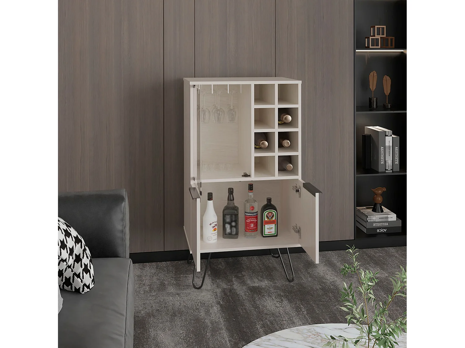 mobile bar aster in melaminico con 8 portabottiglie, 9 portabicchieri e fondo contenitore , Bianco , 109,4 cm X 59,6 cm X 40 cm
