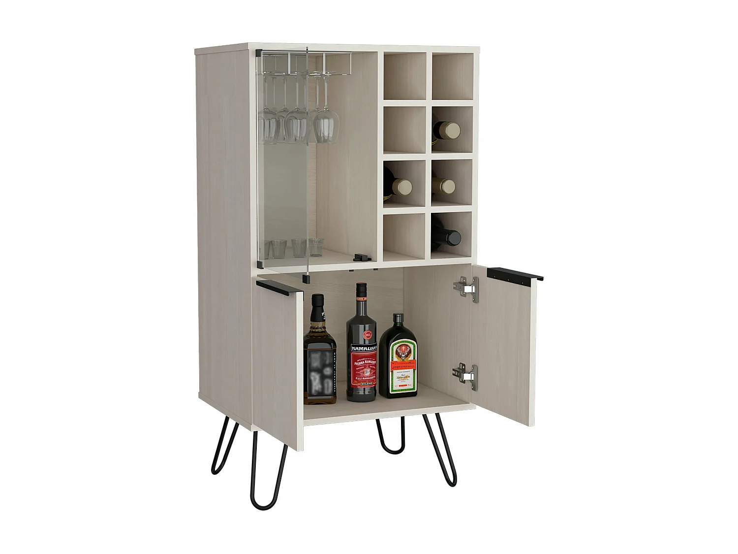 mobile bar aster in melaminico con 8 portabottiglie, 9 portabicchieri e fondo contenitore , Bianco , 109,4 cm X 59,6 cm X 40 cm