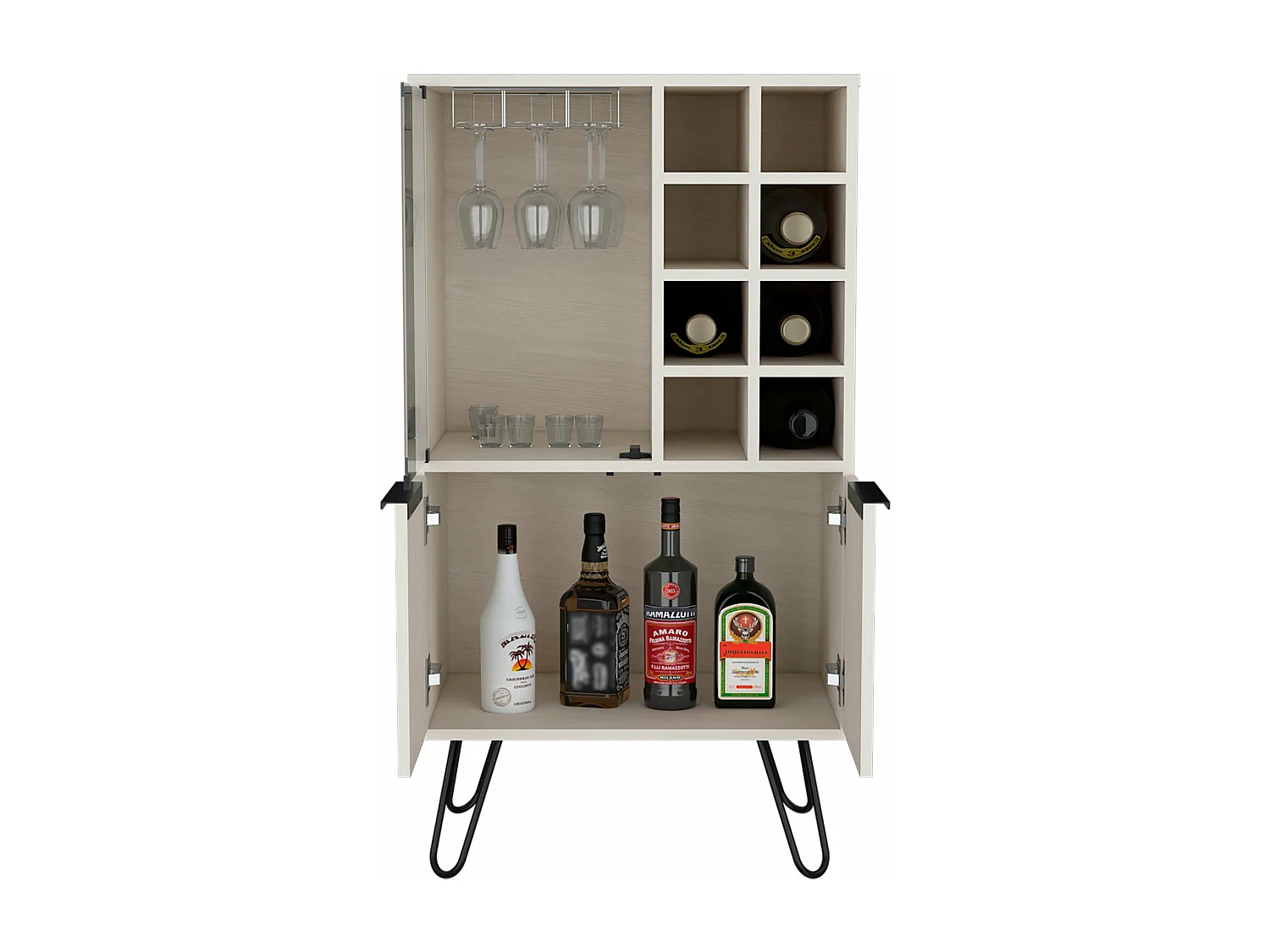 mobile bar aster in melaminico con 8 portabottiglie, 9 portabicchieri e fondo contenitore , Bianco , 109,4 cm X 59,6 cm X 40 cm