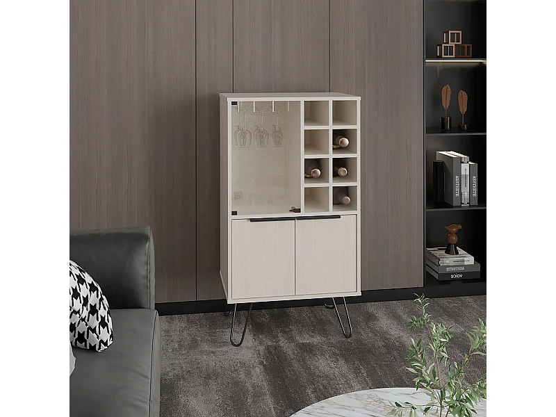 Meuble bar en mélamine aster avec 8 porte-bouteilles, 9 porte-gobelets et rangement inférieur , Blanc , 109.4 cm X 59.6 cm X 40 cm