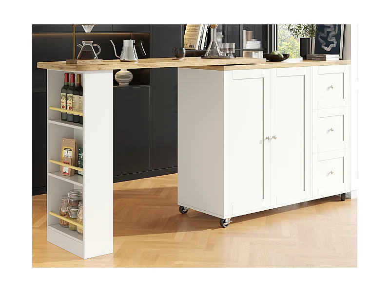 Sideboard, drehbarer Barschrank – MDF – 3 Schubladen und 2 Türen – Weiß