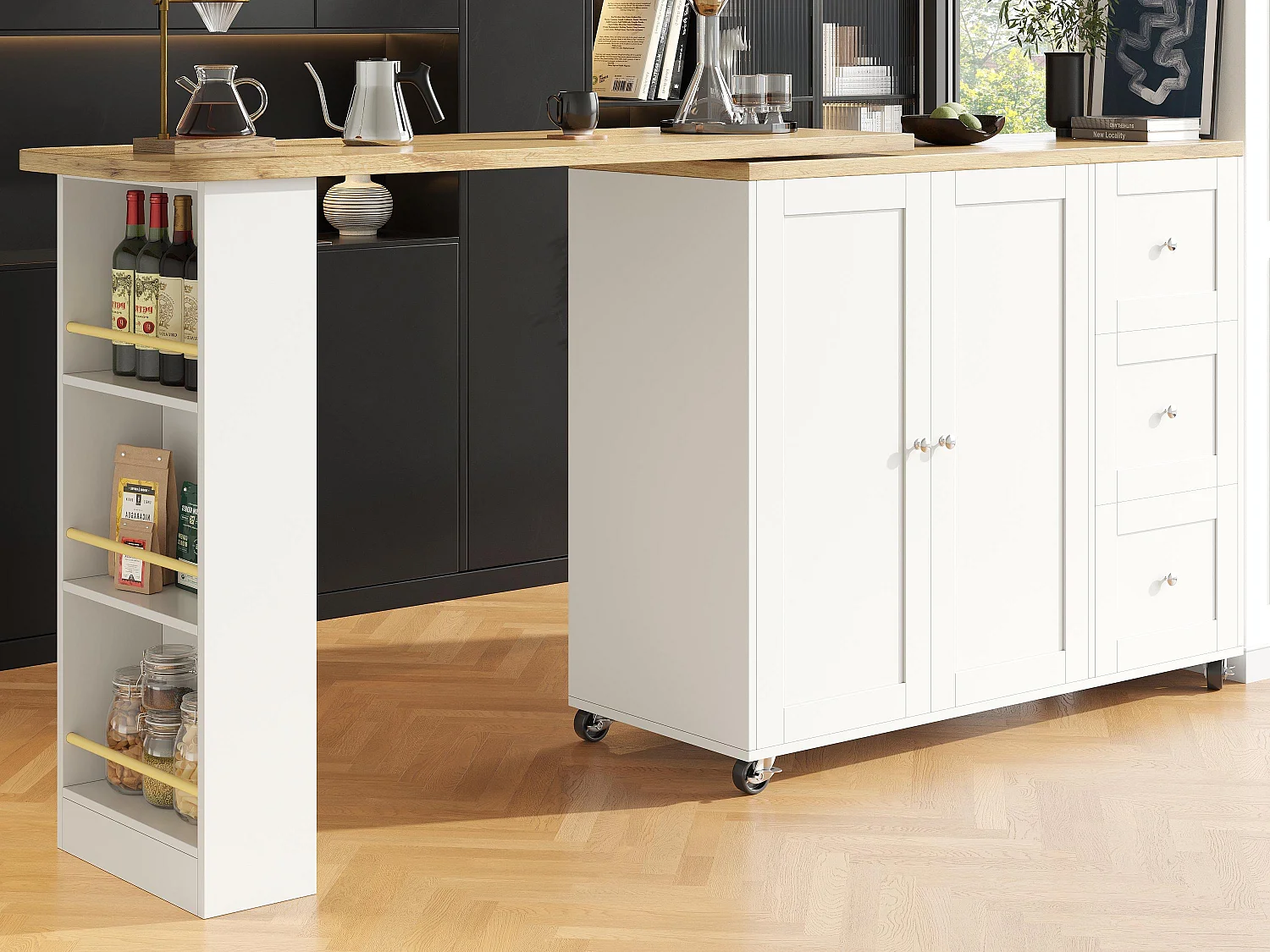 Dressoir、Draaibare barkast - MDF - 3 laden en 2 deuren - Wit