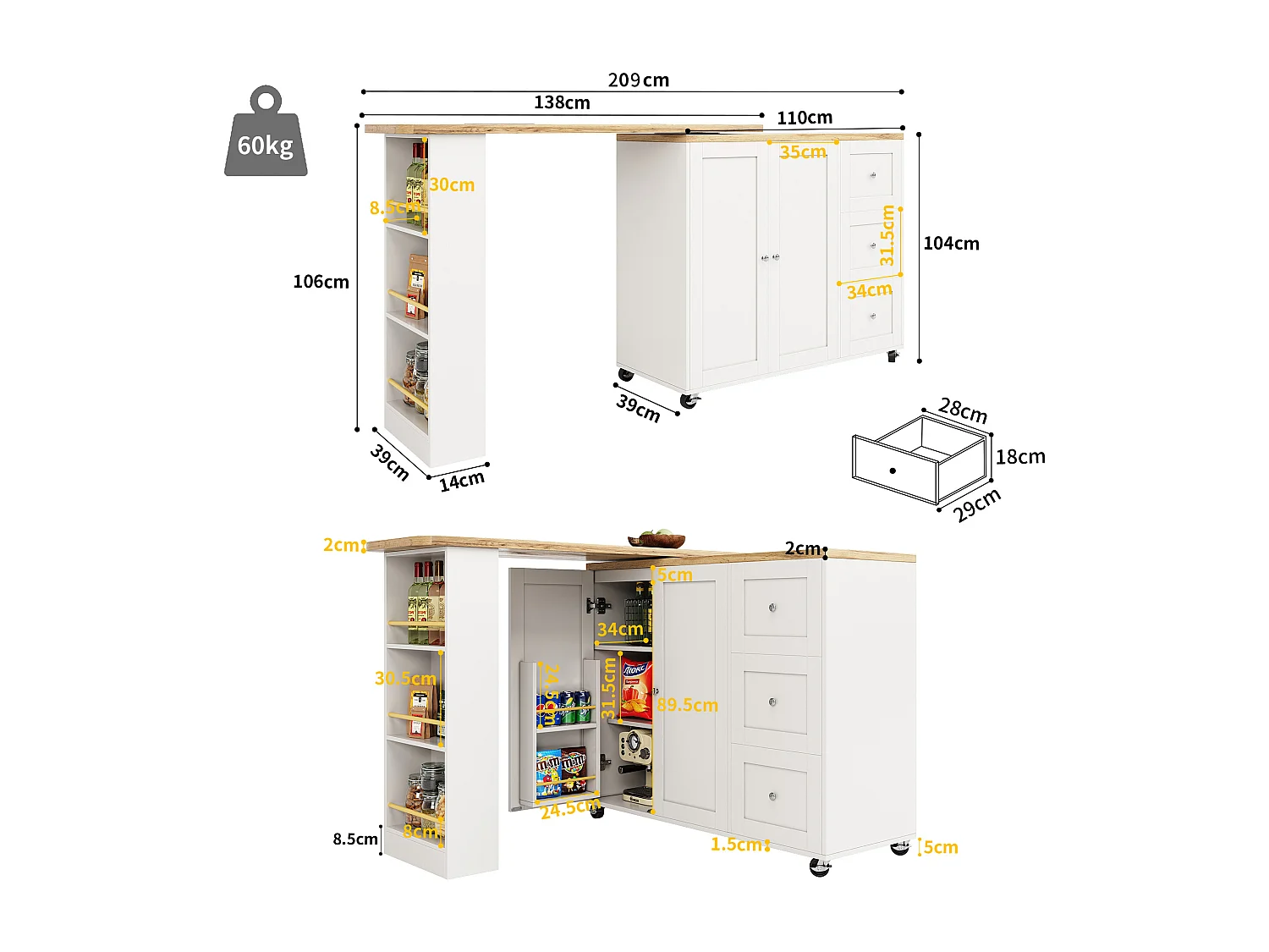 Dressoir、Draaibare barkast - MDF - 3 laden en 2 deuren - Wit