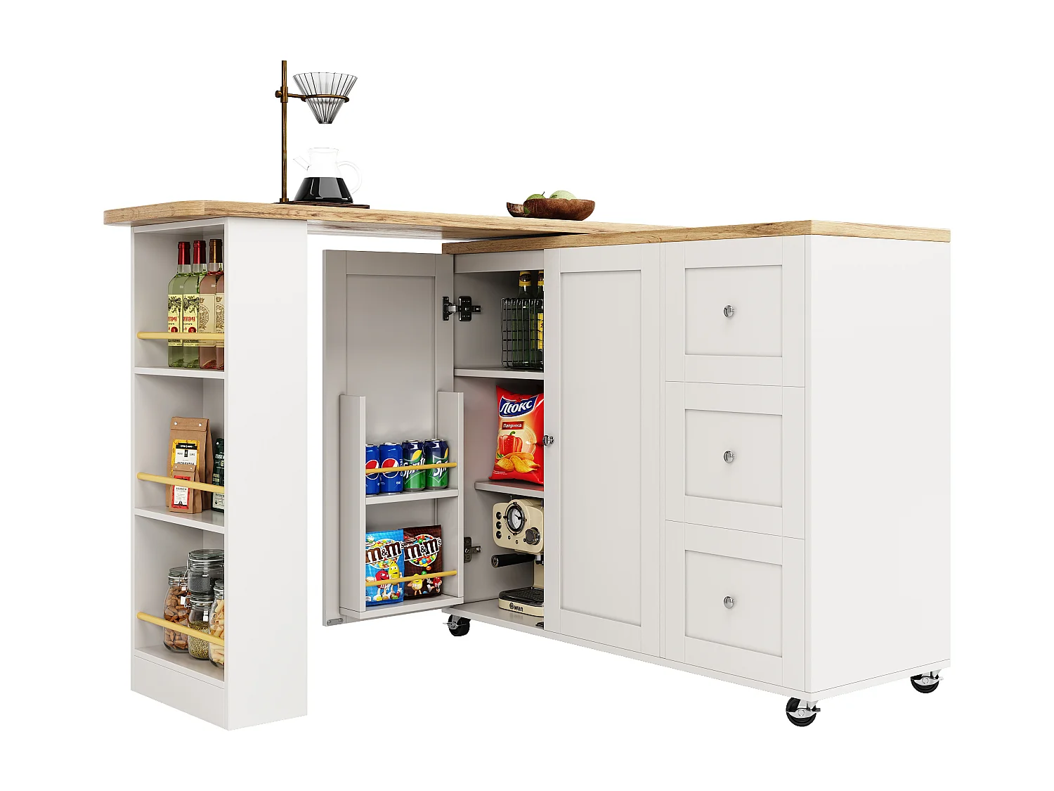 Dressoir、Draaibare barkast - MDF - 3 laden en 2 deuren - Wit