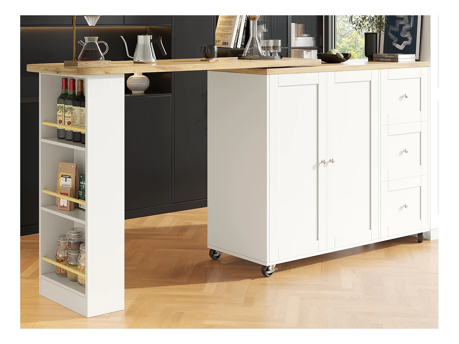 Buffet、Meuble de bar rotatif - MDF - 3 tiroirs et 2 portes - Blanc