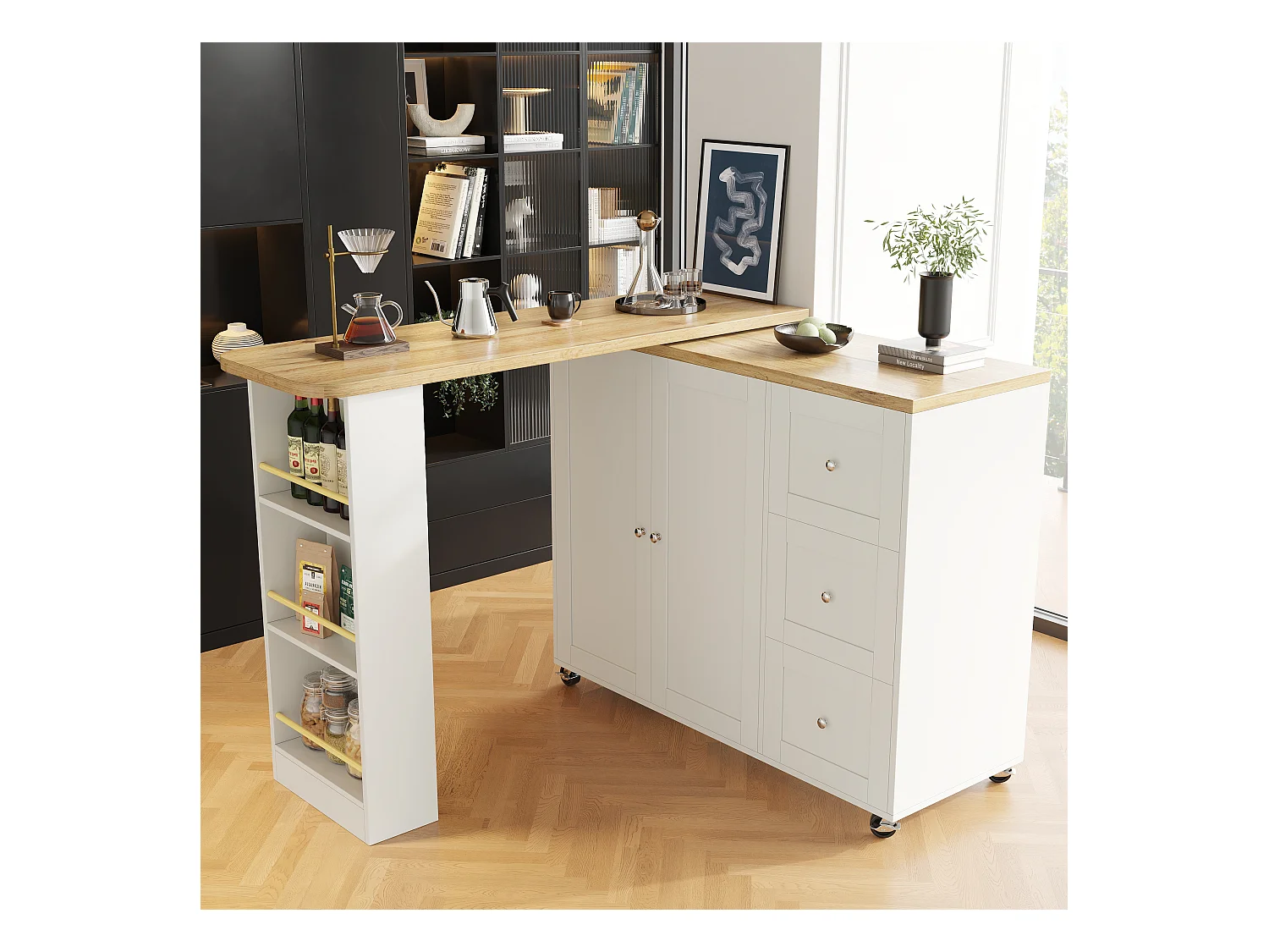 Sideboard, drehbarer Barschrank – MDF – 3 Schubladen und 2 Türen – Weiß