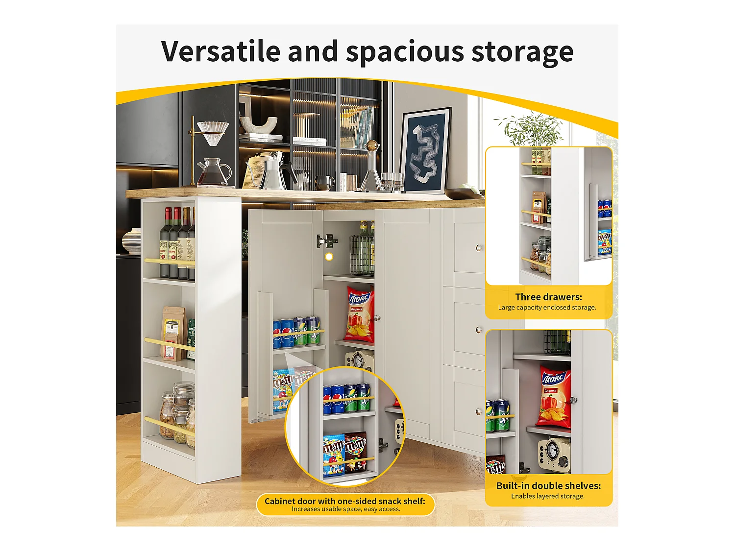 Sideboard, drehbarer Barschrank – MDF – 3 Schubladen und 2 Türen – Weiß