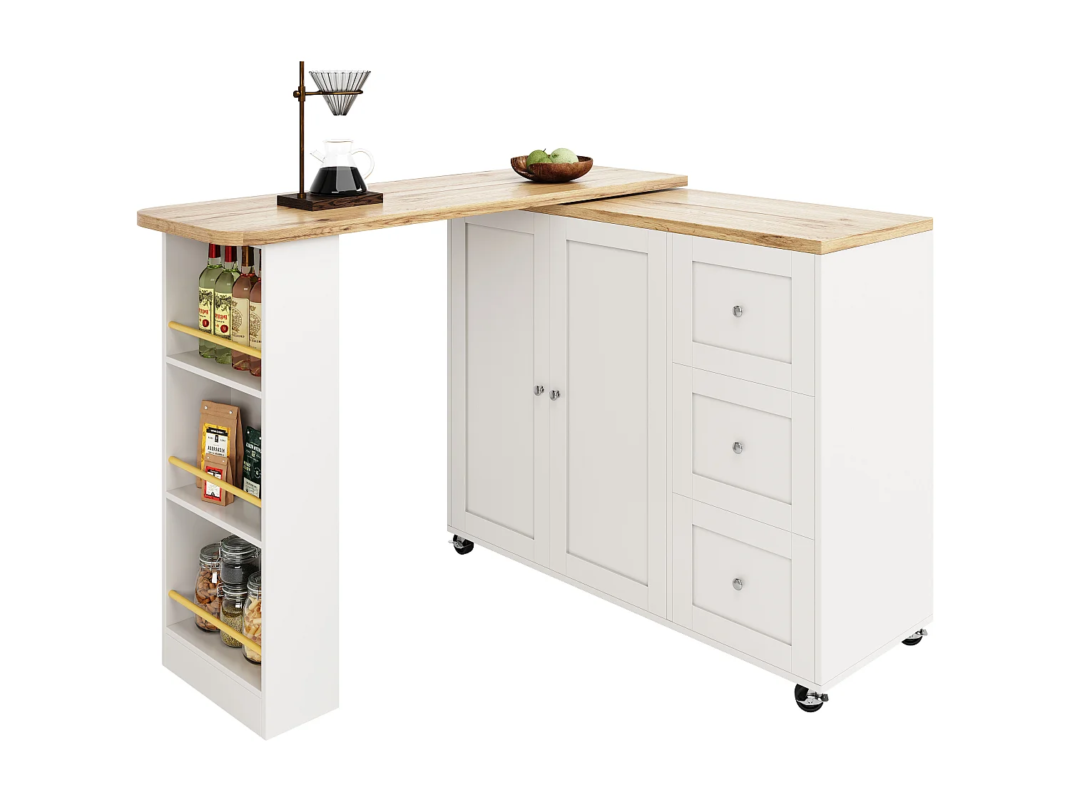 Sideboard, drehbarer Barschrank – MDF – 3 Schubladen und 2 Türen – Weiß