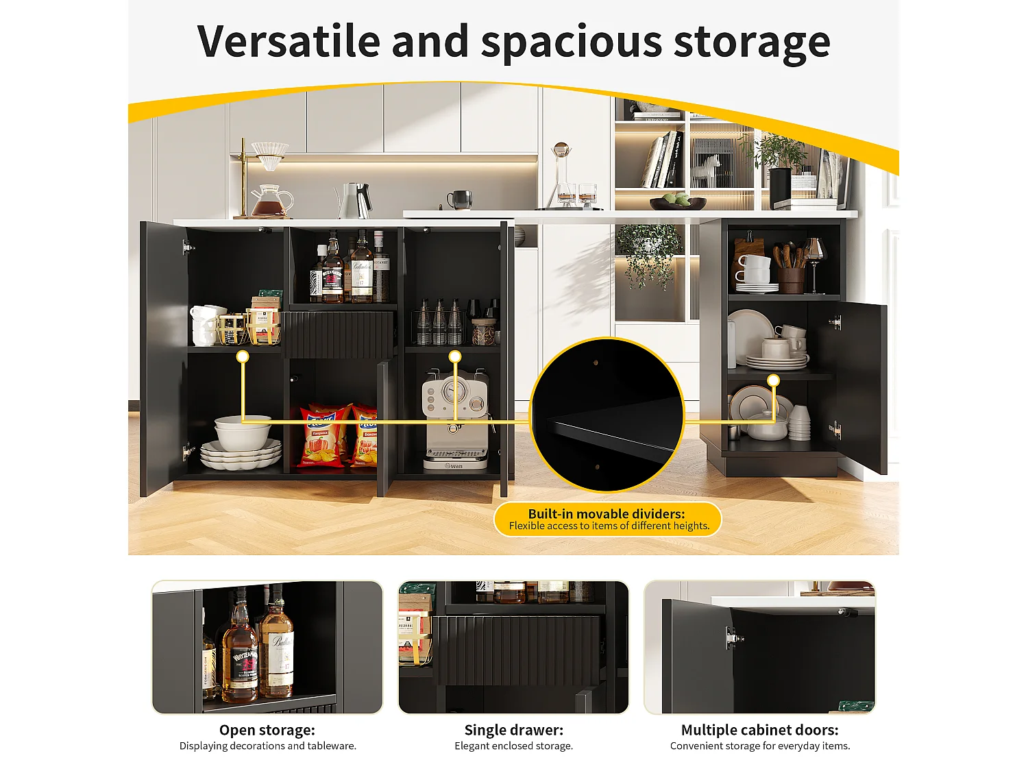 Sideboard, drehbarer Barschrank – mit multifunktionaler Aufbewahrung – MDF – Schwarz