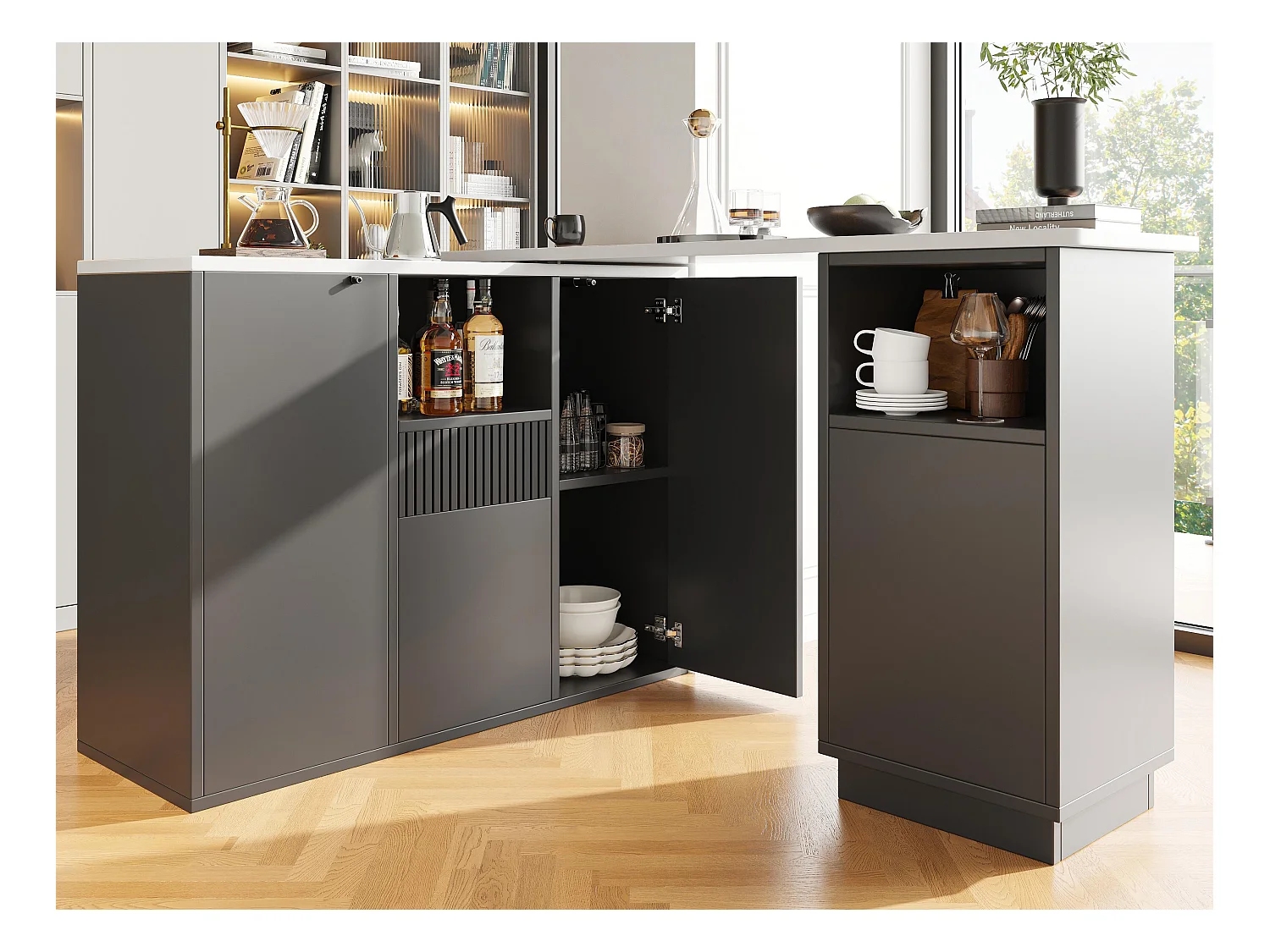 Sideboard, drehbarer Barschrank – mit multifunktionaler Aufbewahrung – MDF – Schwarz
