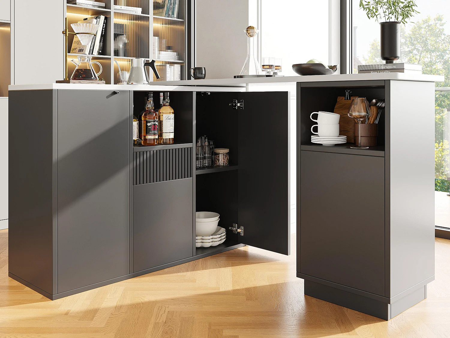 Buffet、Meuble de bar rotatif - avec rangement multifonctionnel - MDF - Noir