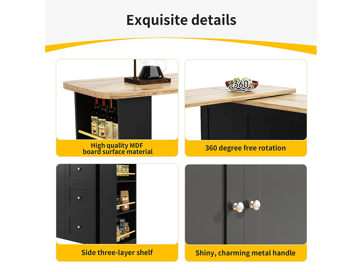 Aparador, mueble bar giratorio - MDF - 3 cajones y 2 puertas - Negro