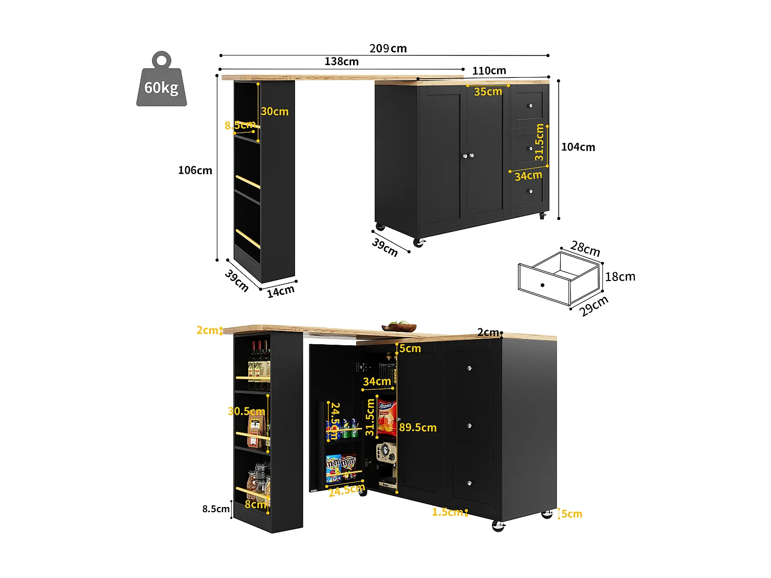 Aparador, mueble bar giratorio - MDF - 3 cajones y 2 puertas - Negro