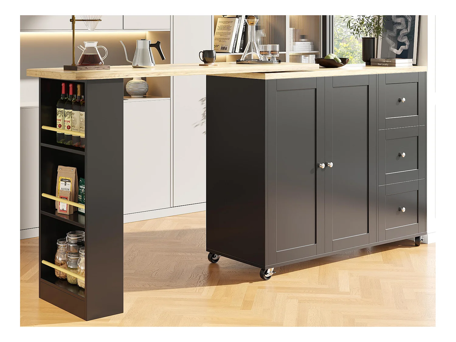 Buffet、Meuble de bar rotatif - MDF - 3 tiroirs et 2 portes - Noir
