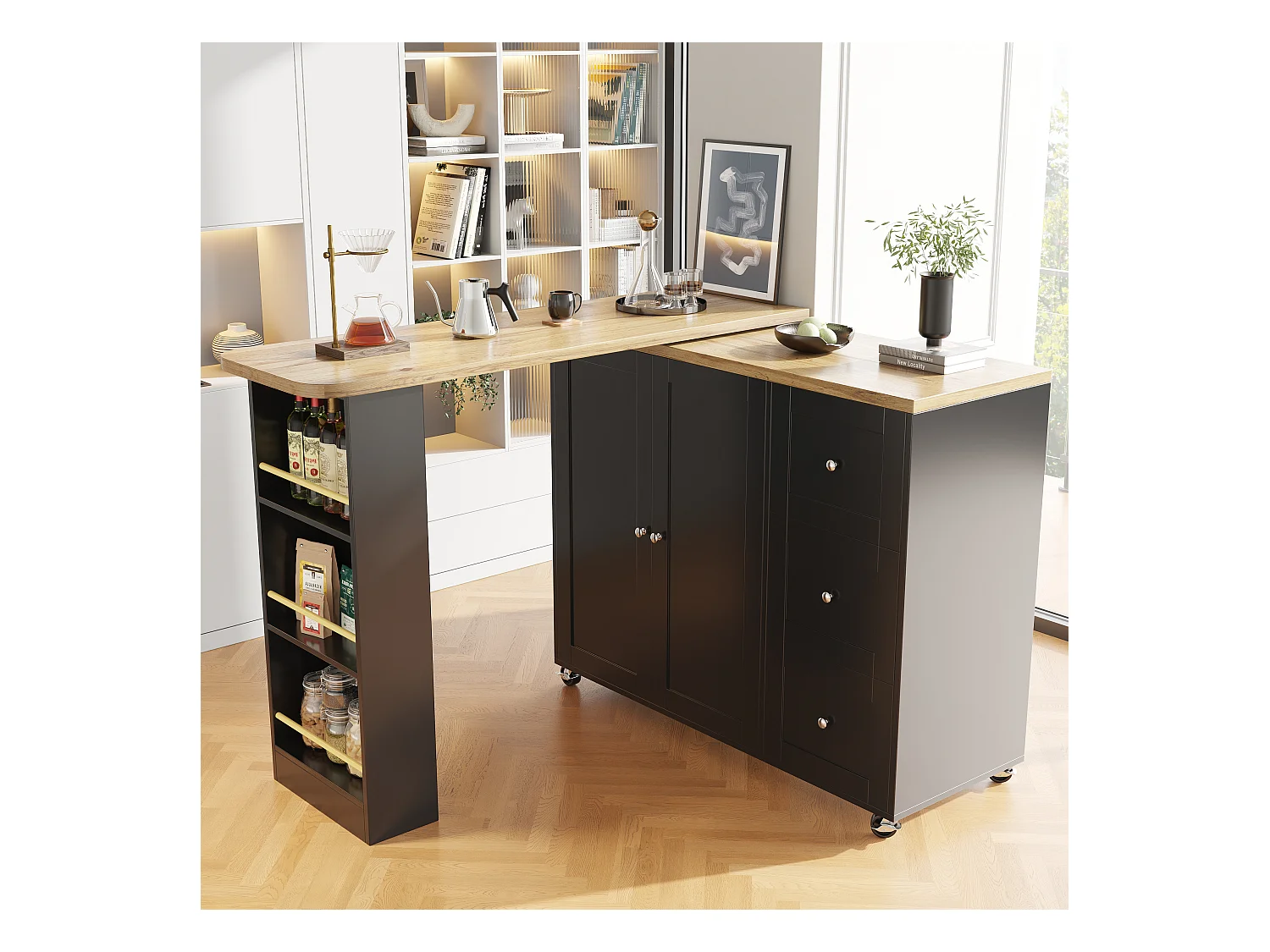 Buffet、Meuble de bar rotatif - MDF - 3 tiroirs et 2 portes - Noir