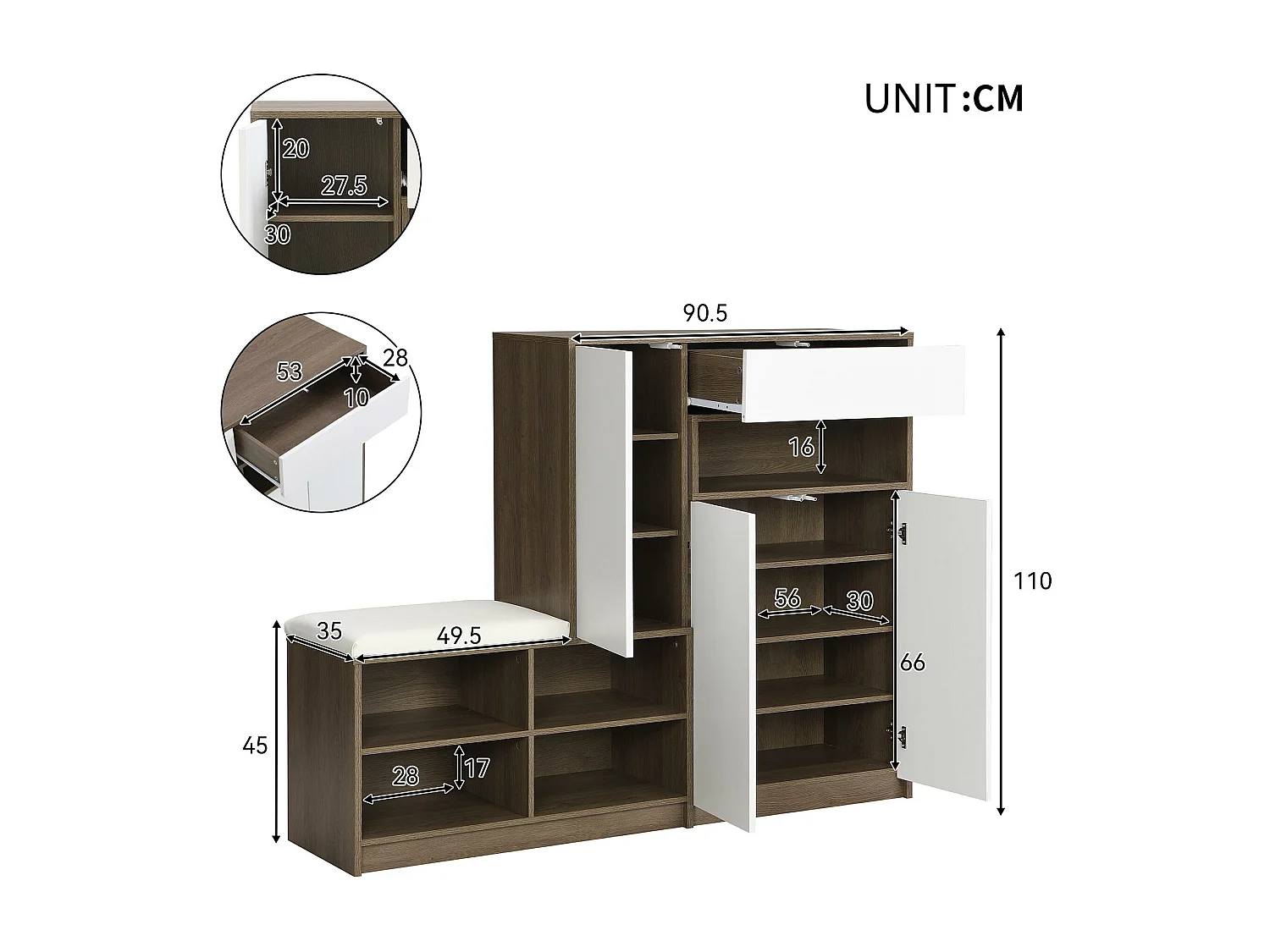 Meuble à chaussures multifonctionnelle - avec un siège rembourré - grand espace de rangement - Blanc