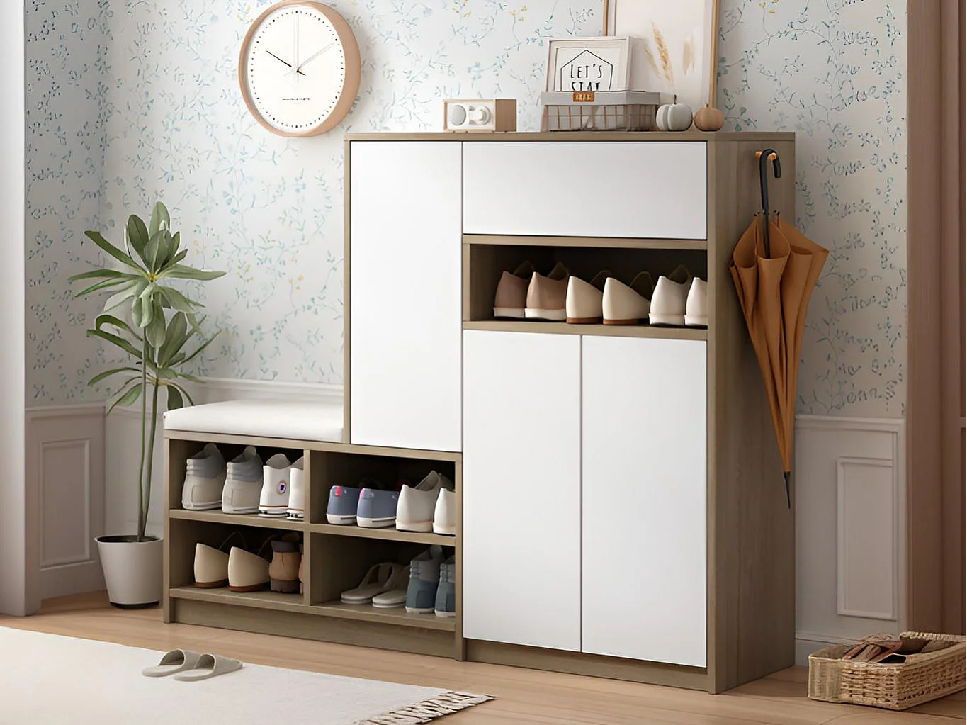 Multifunktionaler Schuhschrank – mit gepolsterter Sitzfläche – großer Stauraum – Weiß