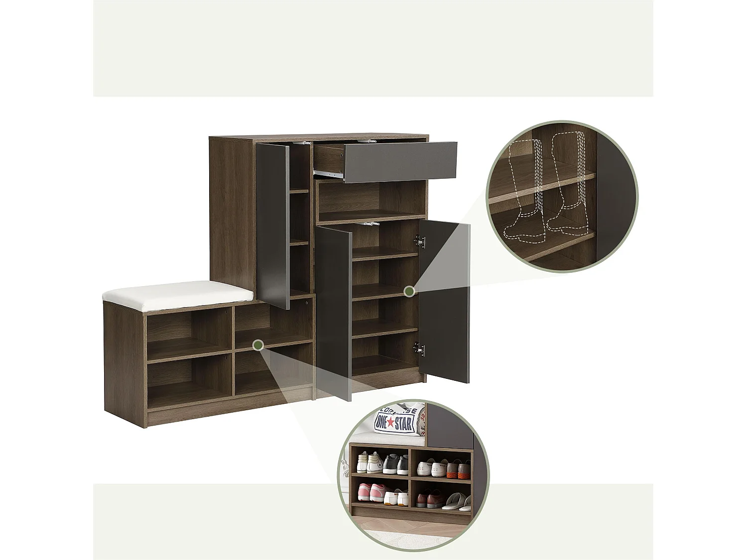 Meuble à chaussures multifonctionnelle - avec un siège rembourré - grand espace de rangement - Noir