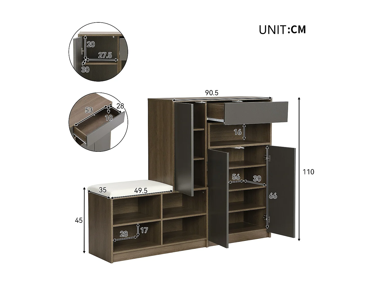 Meuble à chaussures multifonctionnelle - avec un siège rembourré - grand espace de rangement - Noir