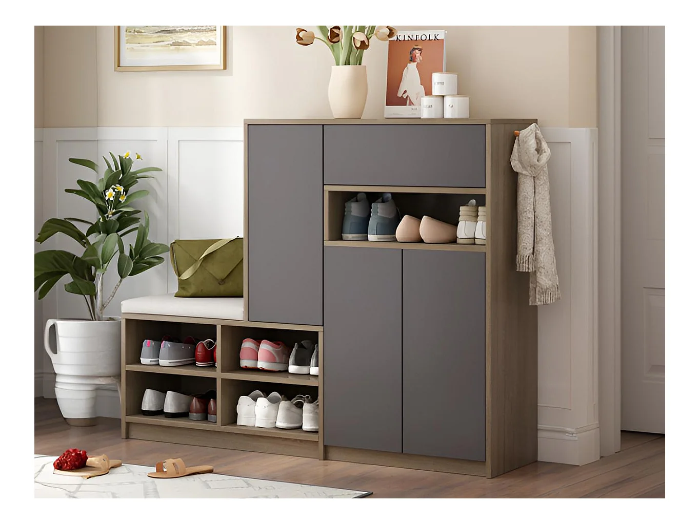 Meuble à chaussures multifonctionnelle - avec un siège rembourré - grand espace de rangement - Noir