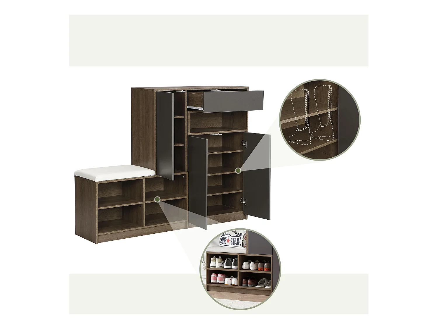 Wielofunkcyjny mebel na buty - z tapicerowanym siedziskiem - duża przestrzeń do przechowywania - Czarny