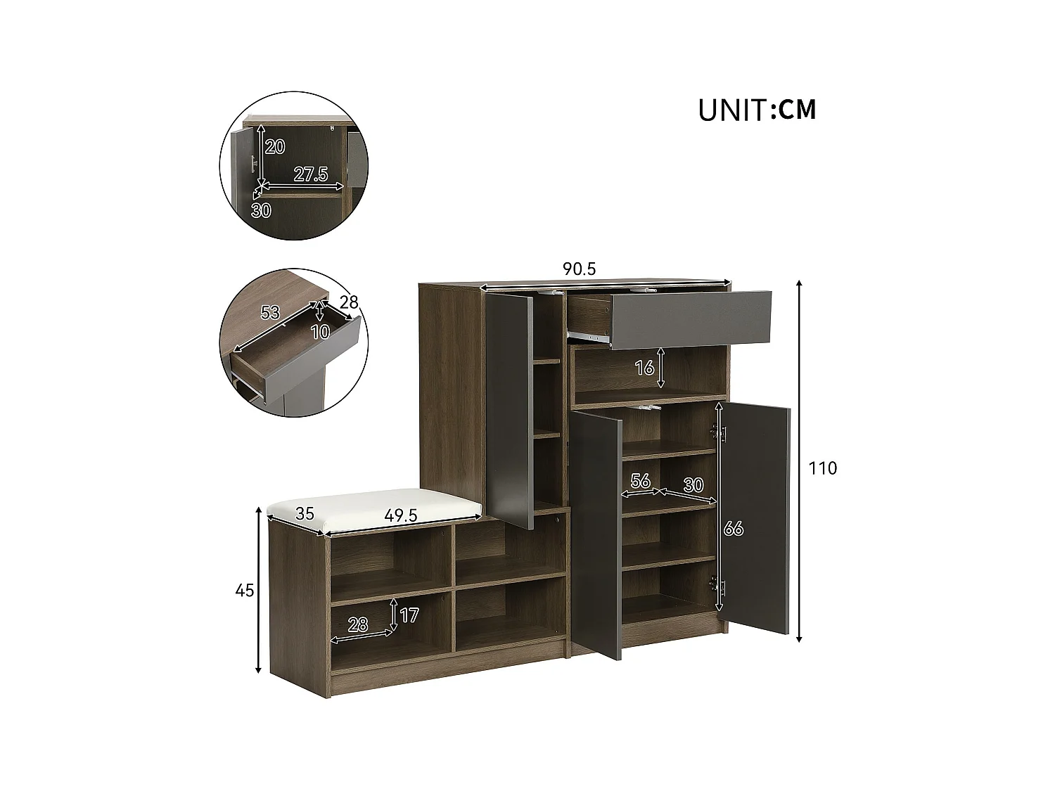 Wielofunkcyjny mebel na buty - z tapicerowanym siedziskiem - duża przestrzeń do przechowywania - Czarny