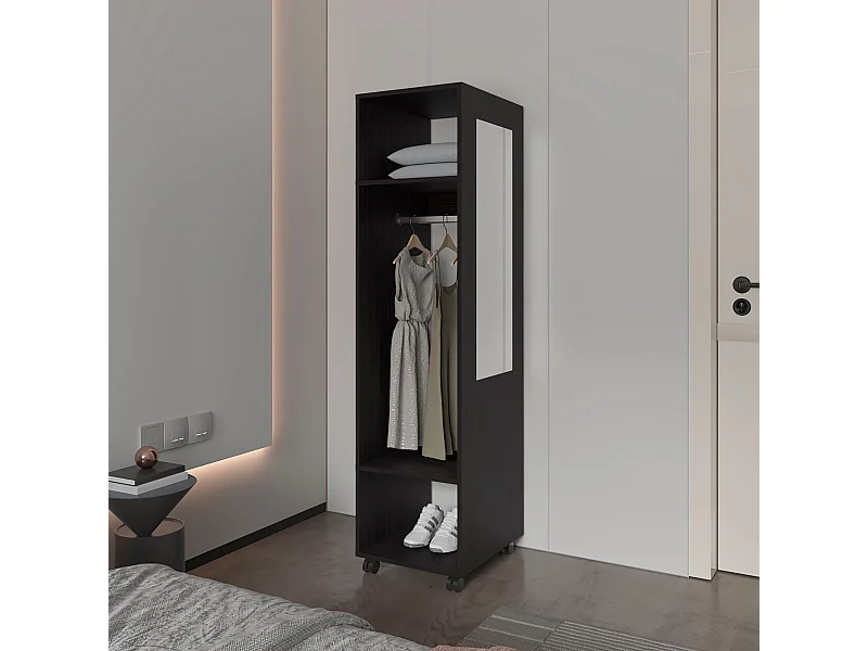 Armario Kronospan en melamina , tres estantes , barra para colgar ropa y espejo incluido , Negro , 160 cm X 40 cm X 48 cm