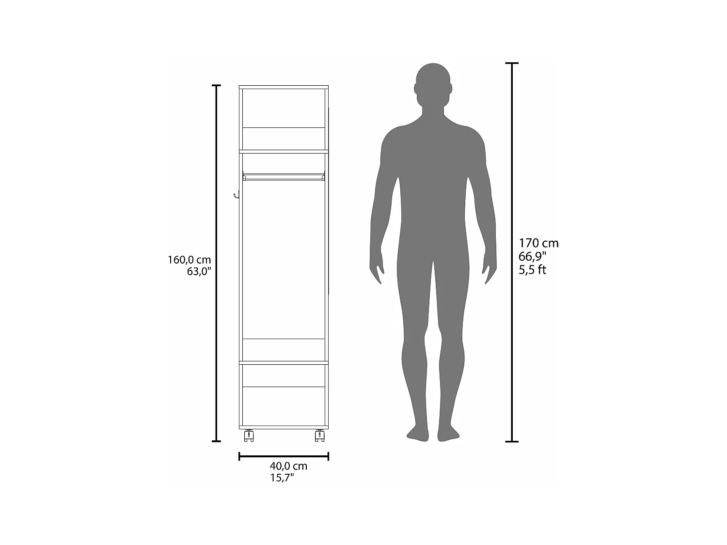 Armario Kronospan en melamina , tres estantes , barra para colgar ropa y espejo incluido , Negro , 160 cm X 40 cm X 48 cm