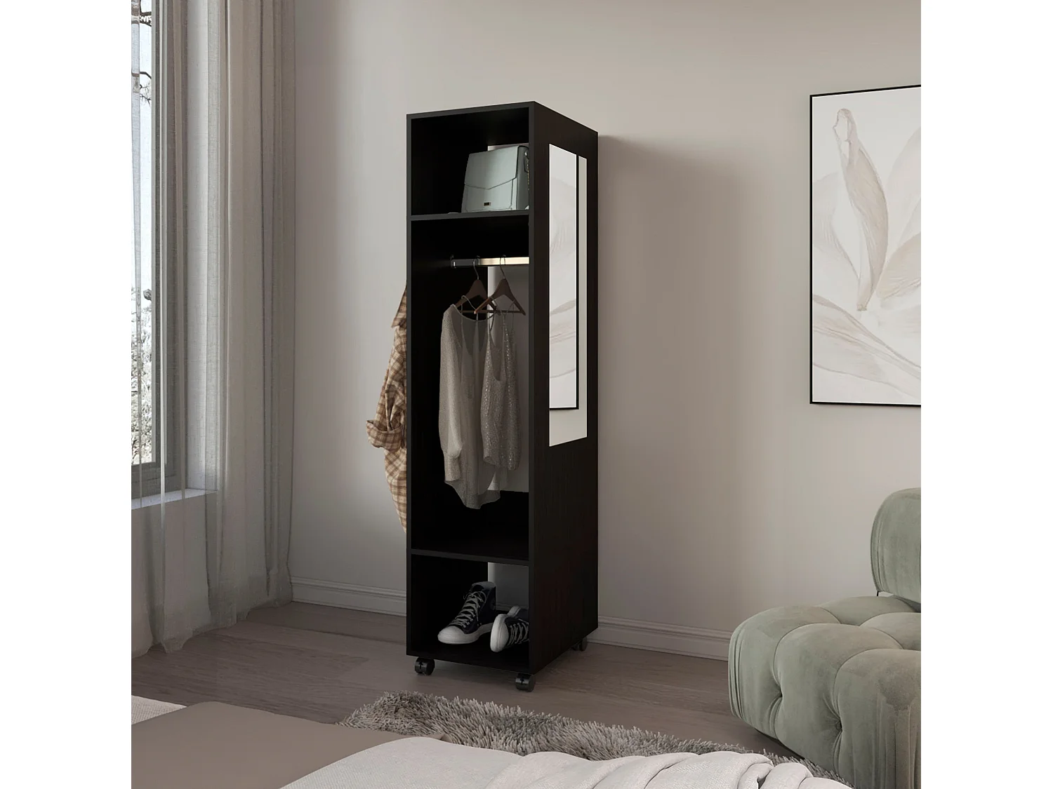 Armario Kronospan en melamina , tres estantes , barra para colgar ropa y espejo incluido , Negro , 160 cm X 40 cm X 48 cm