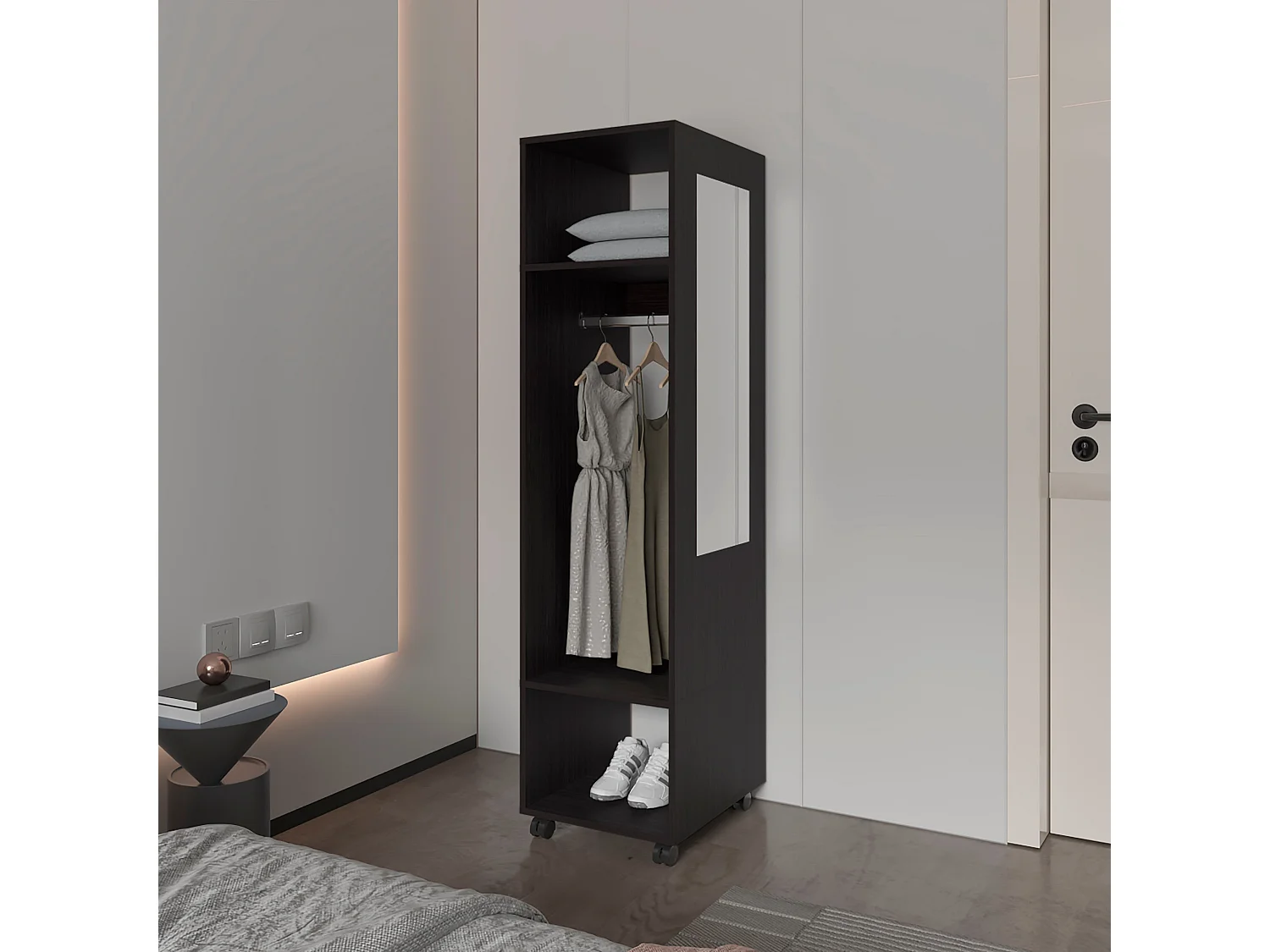 Armario Kronospan en melamina , tres estantes , barra para colgar ropa y espejo incluido , Negro , 160 cm X 40 cm X 48 cm