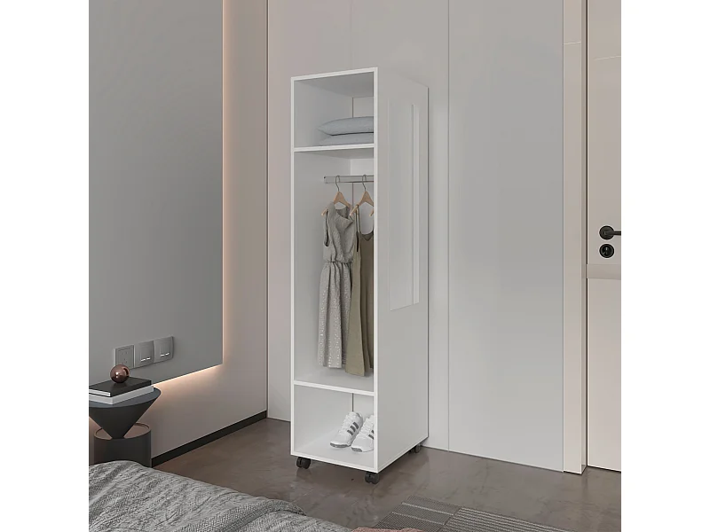 Armoire en mélamine Kronospan, trois étagères, tringle à vêtements et miroir inclus, Blanc, 160 cm X 40 cm X 48 cm