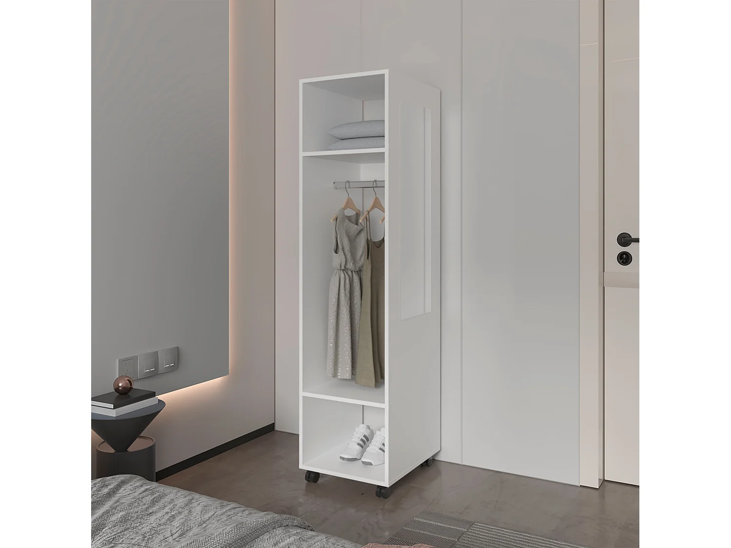 Armoire en mélamine Kronospan, trois étagères, tringle à vêtements et miroir inclus, Blanc, 160 cm X 40 cm X 48 cm