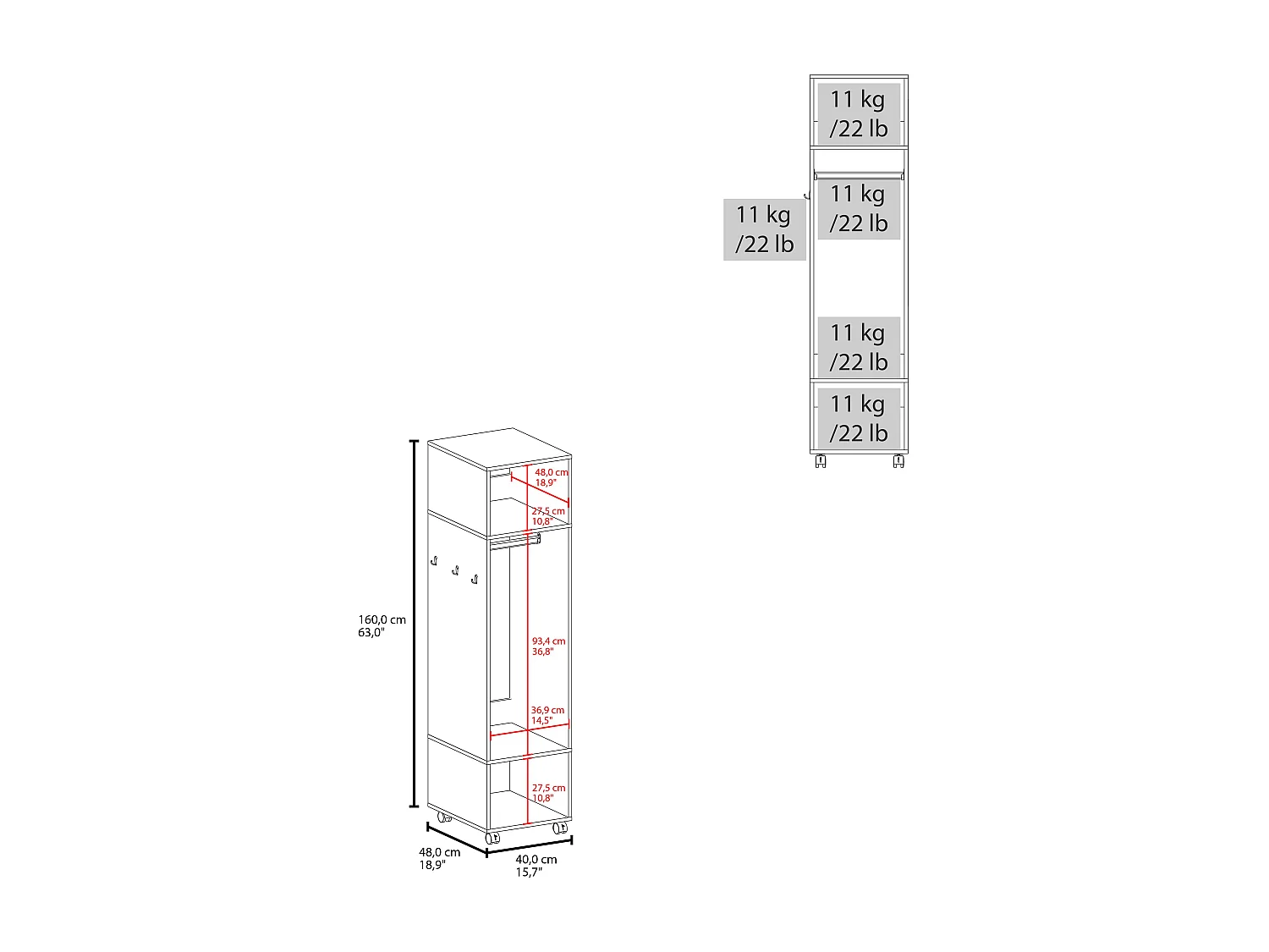 Armoire en mélamine Kronospan, trois étagères, tringle à vêtements et miroir inclus, Blanc, 160 cm X 40 cm X 48 cm