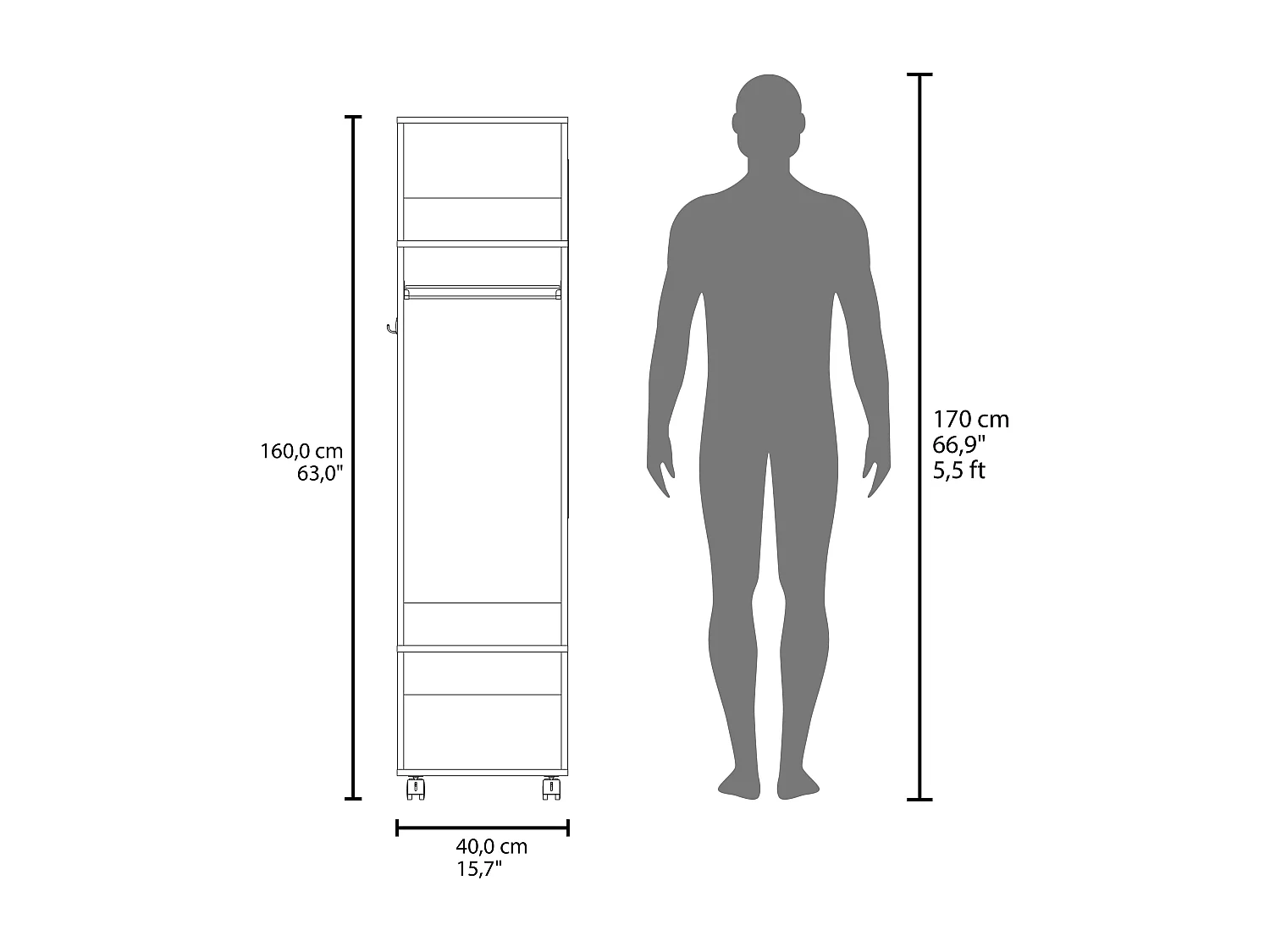 Armoire en mélamine Kronospan, trois étagères, tringle à vêtements et miroir inclus, Blanc, 160 cm X 40 cm X 48 cm