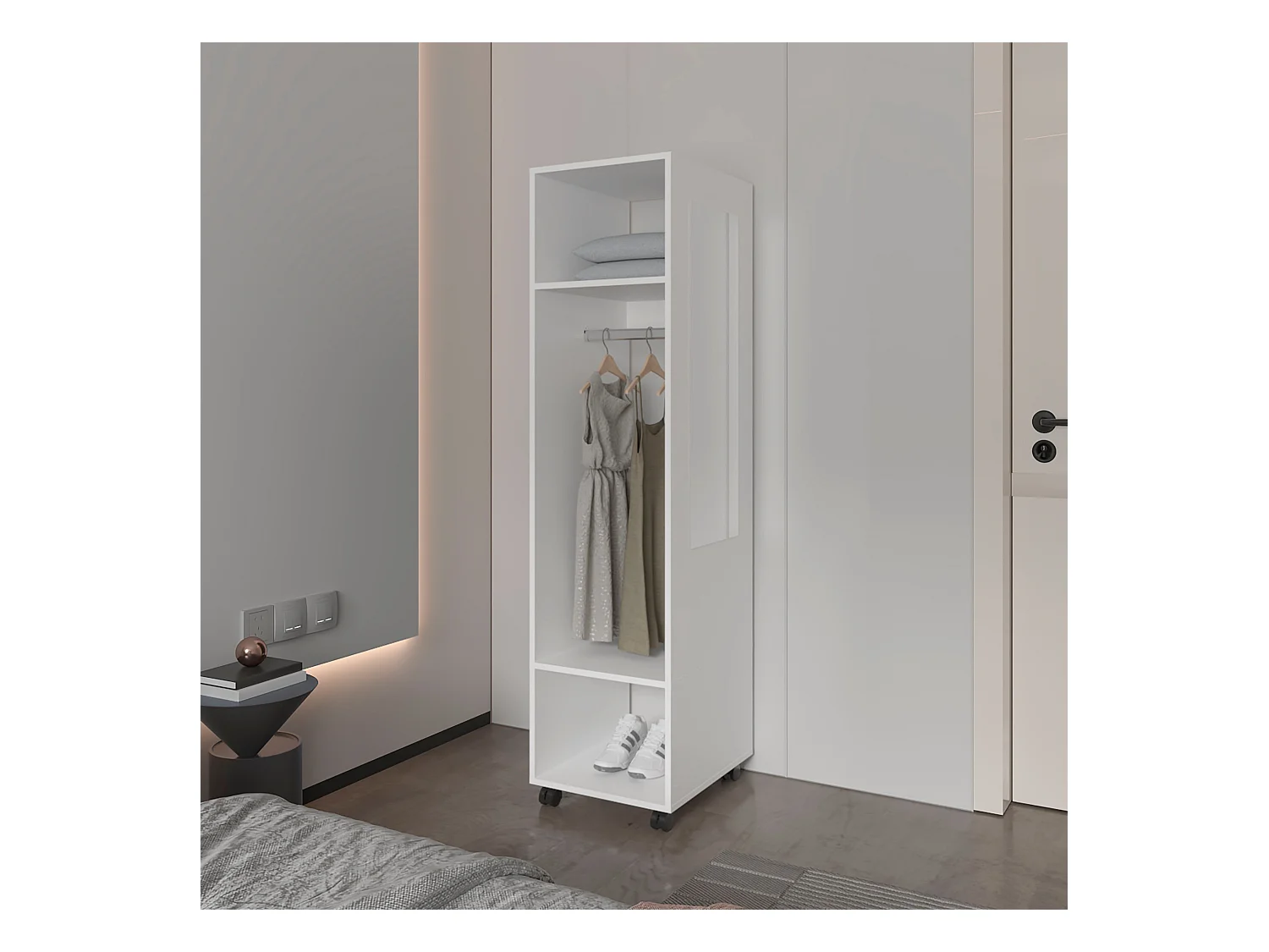 Armoire en mélamine Kronospan, trois étagères, tringle à vêtements et miroir inclus, Blanc, 160 cm X 40 cm X 48 cm